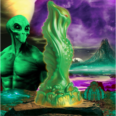 Creature Cocks Nebula Alien Silicone Dildo in green and gold against cosmic sci-fi backdrop