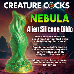 Creature Cocks Nebula Alien Silicone Dildo product info graphic on space-themed background