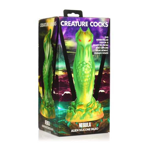 Creature Cocks Nebula Alien Silicone Dildo shown in retail box with cosmic artwork