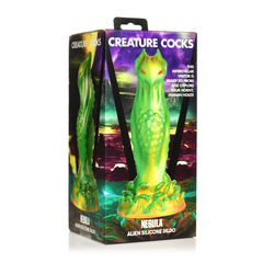 Creature Cocks Nebula Alien Silicone Dildo shown in retail box with cosmic artwork