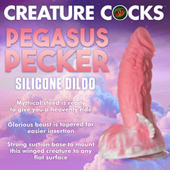 Creature Cocks Pegasus Pecker silicone dildo product info card with key features listed