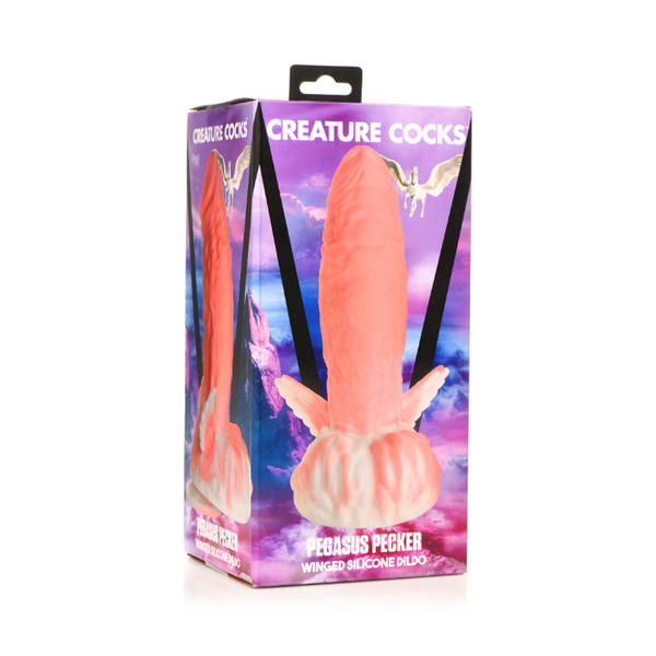 Creature Cocks Pegasus Pecker Winged Silicone Dildo shown inside retail packaging box