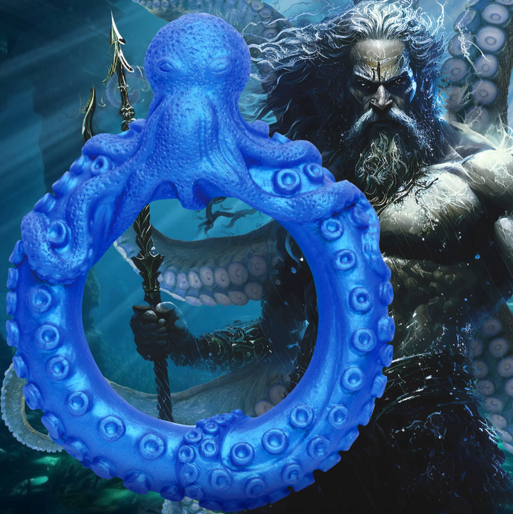 Creature Cocks Poseidon's Octo-Ring blue silicone cock ring with oceanic fantasy backdrop