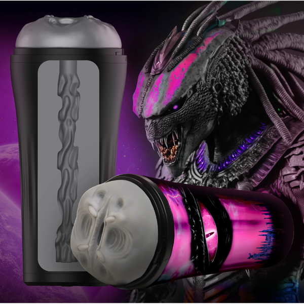 Creature Cocks Predator Stroker in black case beside alien creature, clear sleeve visible