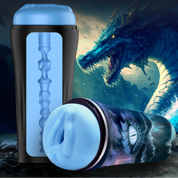 Creature Cocks Pussidon Sea Monster Stroker with blue silicone sleeve beside dragon artwork