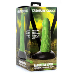 Creature Cocks Radioactive Reptile Thick Scaly Silicone Dildo shown beside retail box