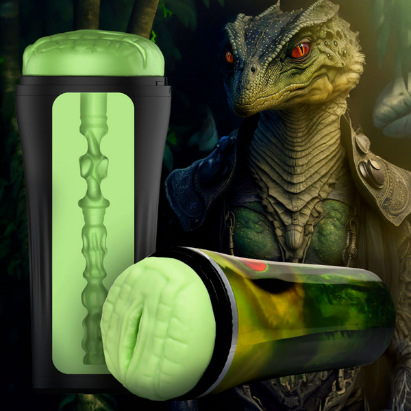 Creature Cocks Raptor Reptile Stroker in black case with green silicone sleeve, reptile warrior backdrop