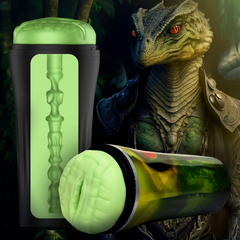 Creature Cocks Raptor Reptile Stroker in black case with green silicone sleeve, reptile warrior backdrop