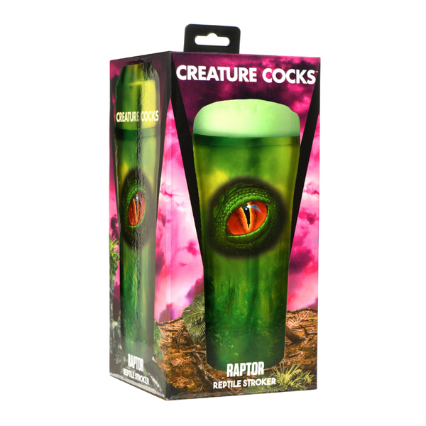 Creature Cocks Raptor Reptile Stroker displayed in full retail box with window panel and hang tab