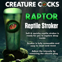 Creature Cocks Raptor Stroker product detail card highlighting soft silicone and easy-clean design