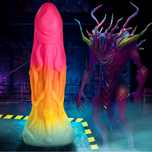 Creature Cocks Shape Shifter alien silicone dildo in rainbow gradient against dark sci-fi backdrop