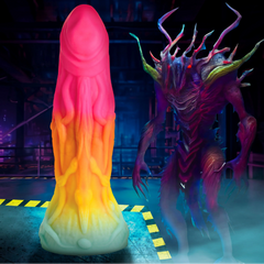 Creature Cocks Shape Shifter alien silicone dildo in rainbow gradient against dark sci-fi backdrop