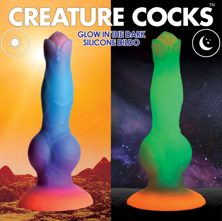 Creature Cocks Space Cock alien dildo shown in daylight colors and glowing in the dark