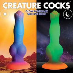 Creature Cocks Space Cock alien dildo shown in daylight colors and glowing in the dark