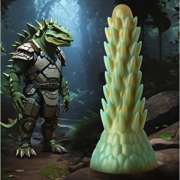 Creature Cocks Stegosaurus silicone dildo beside an armored reptile figure in a forest scene