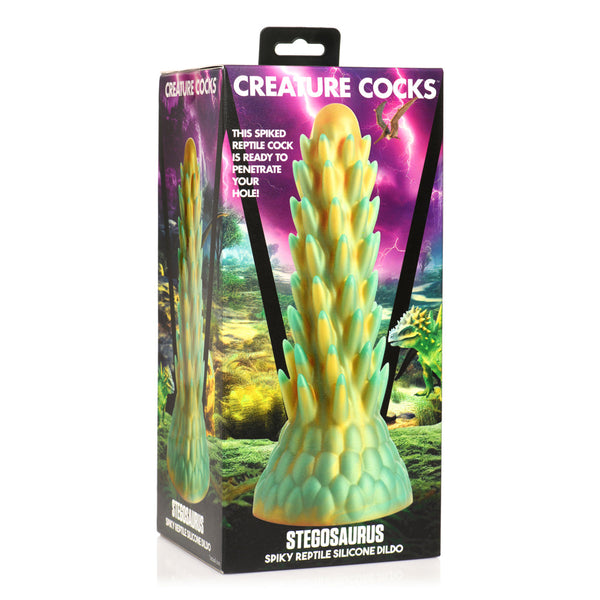 Creature Cocks Stegosaurus Spiky Reptile Silicone Dildo shown in retail packaging box