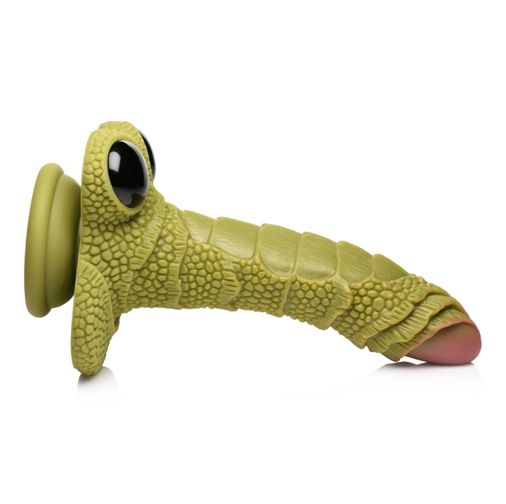 Creature Cocks Swamp Monster silicone dildo in olive green with scaly texture and suction base