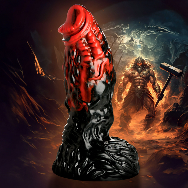 Creature Cocks Vulcan silicone dildo, black and red fantasy design with rocky base