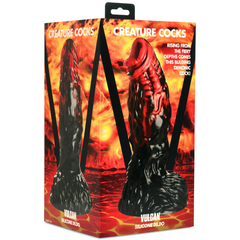 Creature Cocks Vulcan silicone dildo shown inside retail packaging with fiery artwork