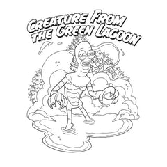 Creature From The Green Lagoon uncolored page featuring a cartoon monster emerging from misty water