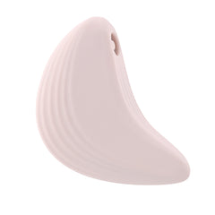 Close-up of crescent silhouette and heart-shaped opening on blush palm vibrator