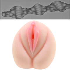 Cross-section texture detail and front view of the Riley Reid realistic stroker in pale flesh