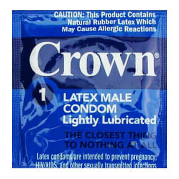 Crown Skinless latex male condom packet in blue, lightly lubricated, single unit