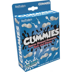 Cummies sperm-shaped pina colada gummy candy in blue display box by Hott Products