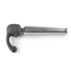 Curve silicone attachment connected to Le Wand wand massager handle, side profile view