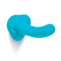 Curved teal silicone dildo with suction-cup base shown upright, smooth matte finish visible
