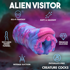 Cyclone Alien Visitor feature callout: sci-fi design, soft silicone, textured tunnel, intense suction