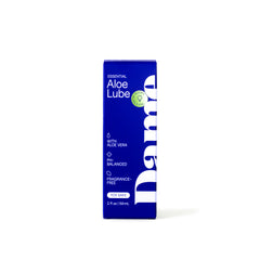 Dame Aloe Lube box front featuring pH-balanced, fragrance-free, and toy-safe callouts