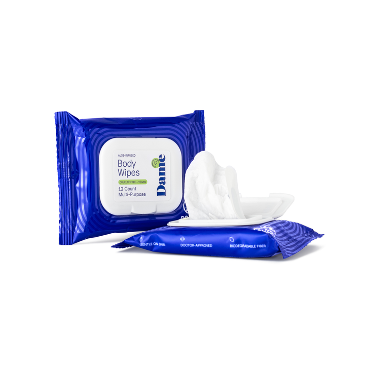 Dame Body Wipes 12-count pack shown upright with one aloe-infused wipe partially pulled out