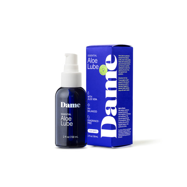 Dame Essential Aloe Lube 2 oz blue pump bottle beside its royal blue box packaging