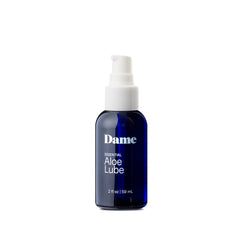 Dame Essential Aloe Lube 2 oz dark blue glass pump bottle on white background