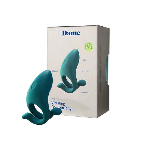 Dame Hug teal silicone couples ring displayed beside its white product packaging box
