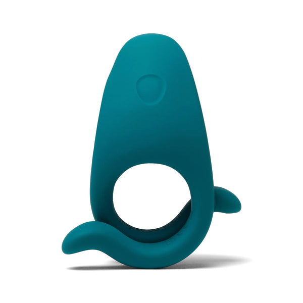 Dame Hug vibrating couples ring in teal silicone, front view showing whale-inspired shape