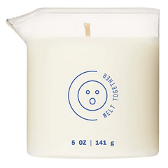 Dame Massage Oil Candle Melt Together, white square glass jar with blue logo, 5 oz