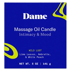 Close-up of Dame Massage Oil Candle packaging front label, Wild Lust, Intimacy & Mood, 141 g
