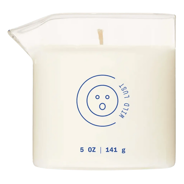 Dame Massage Oil Candle in Wild Lust scent, white square glass vessel with blue logo, 5 oz