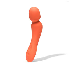 Dame Min Mini Wand vibrator in papaya orange, silicone body with rounded wand head, angled front view