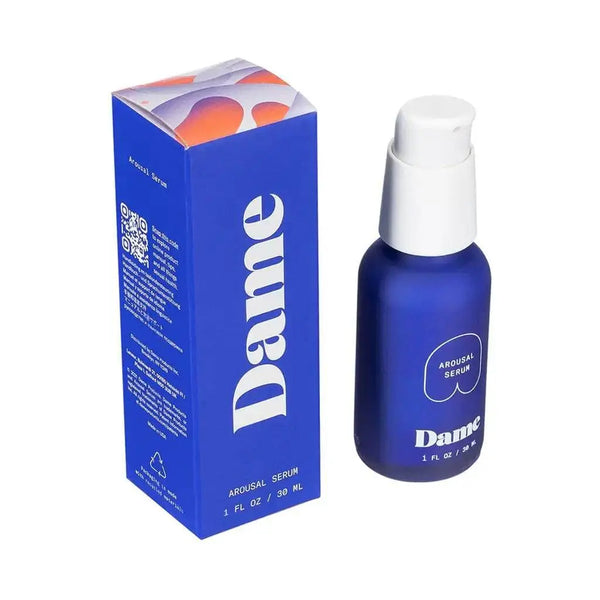 Dame Arousal Serum 30ml pump bottle beside its blue and coral branded box