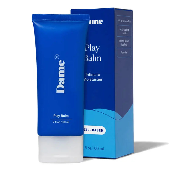 Dame Play Balm intimate moisturizer in blue 60ml tube beside matching product box