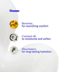 Dame Play Balm key ingredients: beeswax, coconut oil, and shea butter for hydration