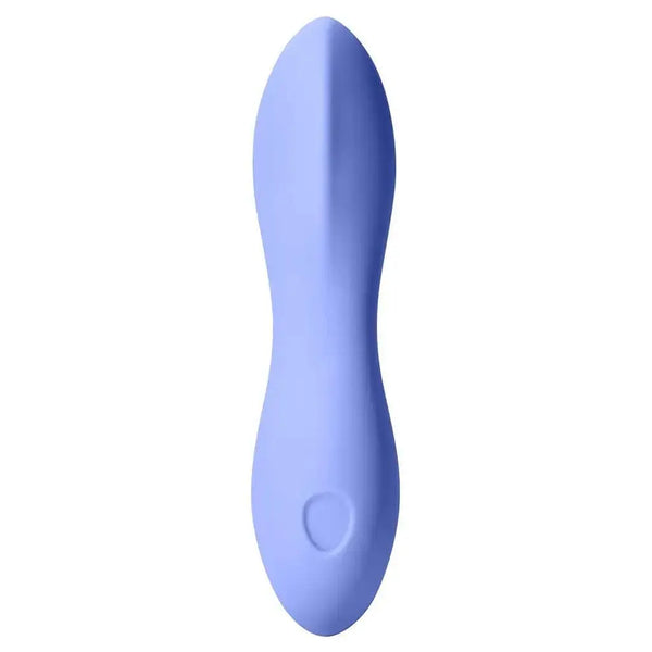 Dame Dip Vibrator in periwinkle blue, smooth silicone body with curved tip and single control button