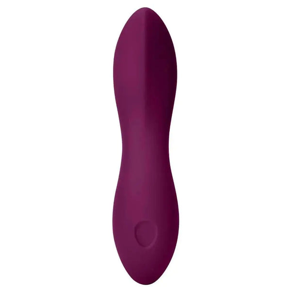 Dame Dip Vibrator in deep purple, smooth silicone body with curved tip and single control button