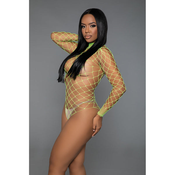 Dancing All Night bodystocking in neon green large-weave fishnet, side view showing sheer open-back design