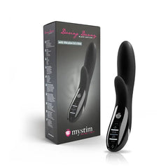 Daring Danny Black Edition vibrator beside its dark gift box showing Mystim branding