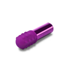 Dark cherry Le Wand Bullet shown at an angle highlighting textured silicone sleeve and chrome base