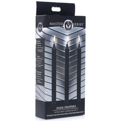 Dark Drippers fetish drip candle set of 3 in branded Master Series packaging, front view